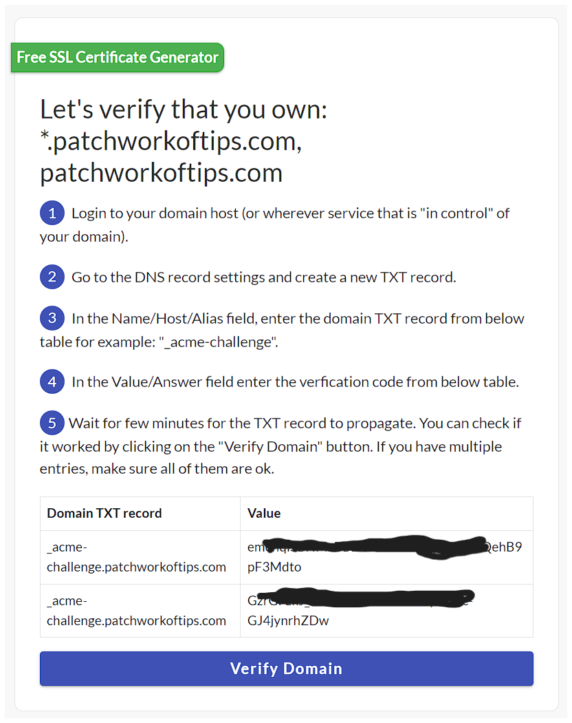 Namecheap Free Wildcard SSL Certificate DNS TXT Record