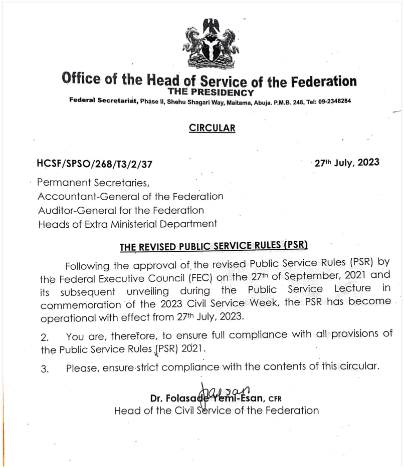 2023 Nigerian Revised Public Service Rules Circular